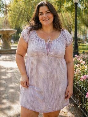 Purple Gingham Puff‑Sleeve Babydoll Dress - Size 1x